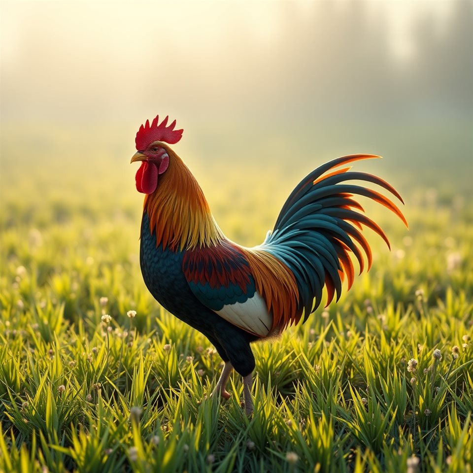 Soft 3D render of A majestic rooster with glossy colorful plumage standing proudly in a sunlit green meadow., high-angle view from above, misty morning haze, dreamy, 1:1 aspect ratio