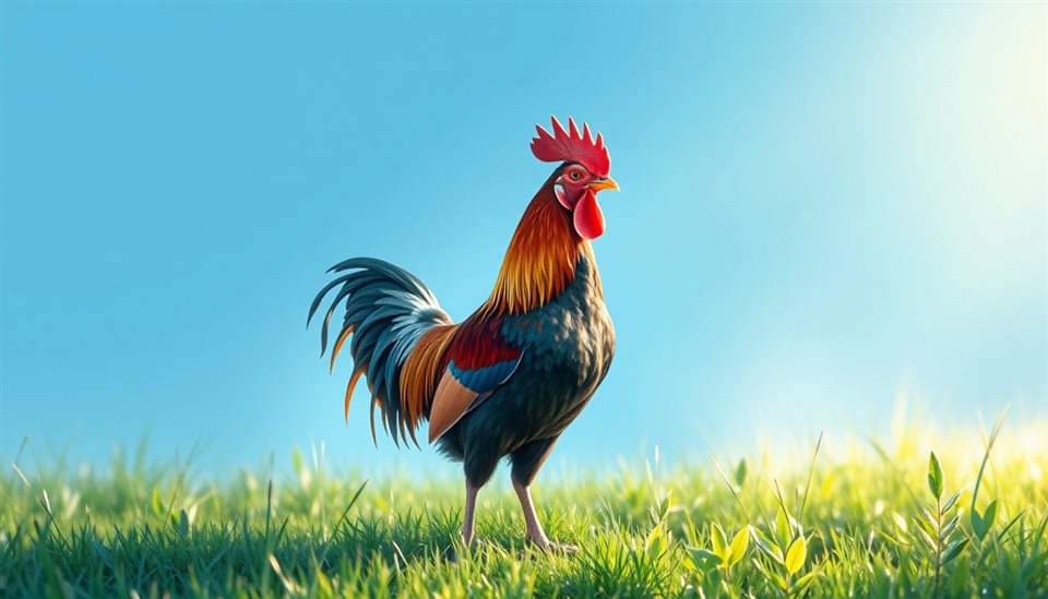 Watercolor illustration of A majestic rooster with glossy colorful plumage standing proudly in a sunlit green meadow., wide shot with open space at the top for text, cool blue tones, quiet atmosphere, 16:9 aspect ratio
