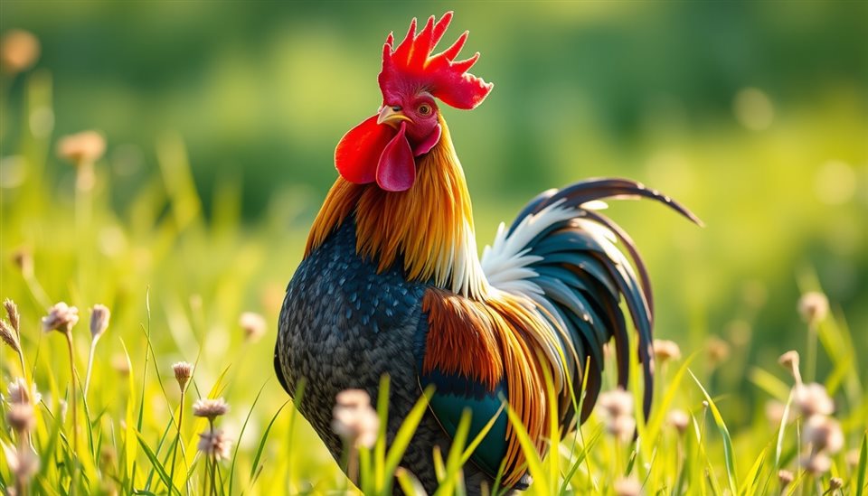 Minimal flat illustration of A majestic rooster with glossy colorful plumage standing proudly in a sunlit green meadow., close-up detail with shallow depth of field, soft pastel colors, bright and cozy, 16:9 aspect ratio
