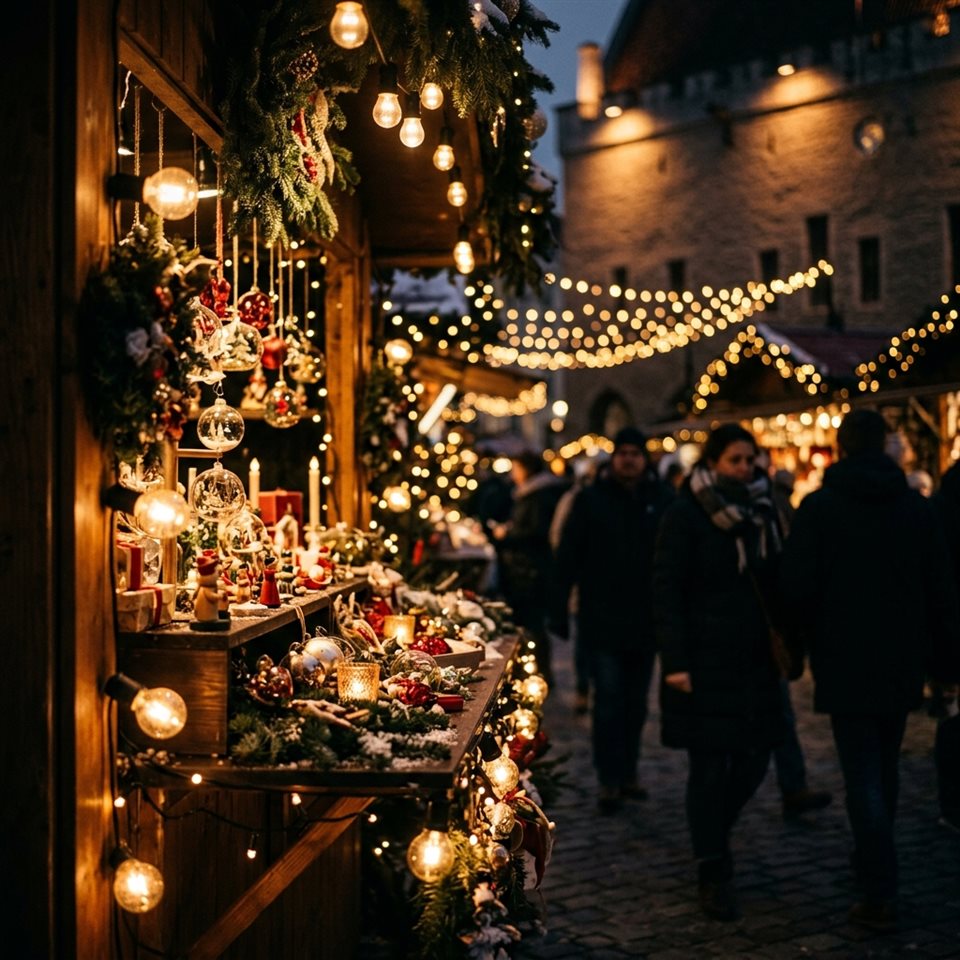 Foto fotorrealista de mercado navideño con luces cálidas por la noche, detalle en primer plano con poca profundidad de campo, tonos oscuros melancólicos, iluminación dramática, 1:1 aspect ratio