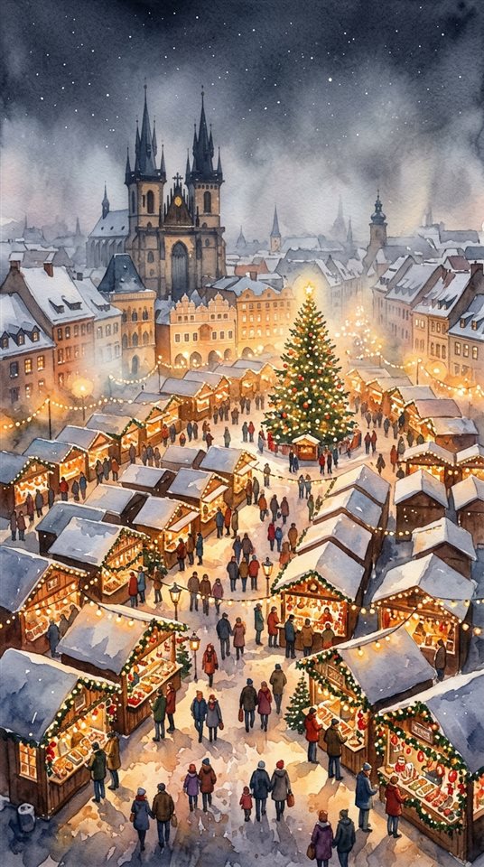 温かい明かりが灯る夜のクリスマスマーケットの水彩画イラスト、見下ろすハイアングルビュー、朝の霧、夢幻的な雰囲気、9:16比率