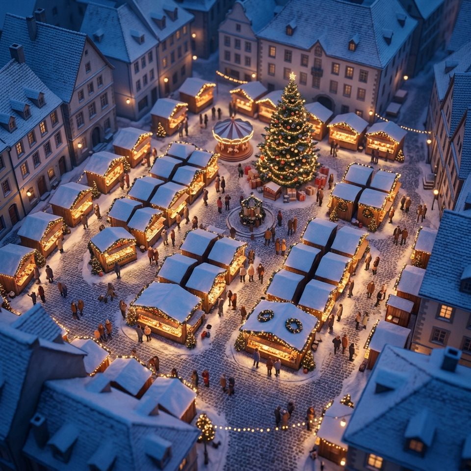 Renderizado 3D suave de un mercado navideño con luces cálidas por la noche, vista de ángulo picado desde arriba, tonos azules fríos, atmósfera silenciosa, relación de aspecto 1:1