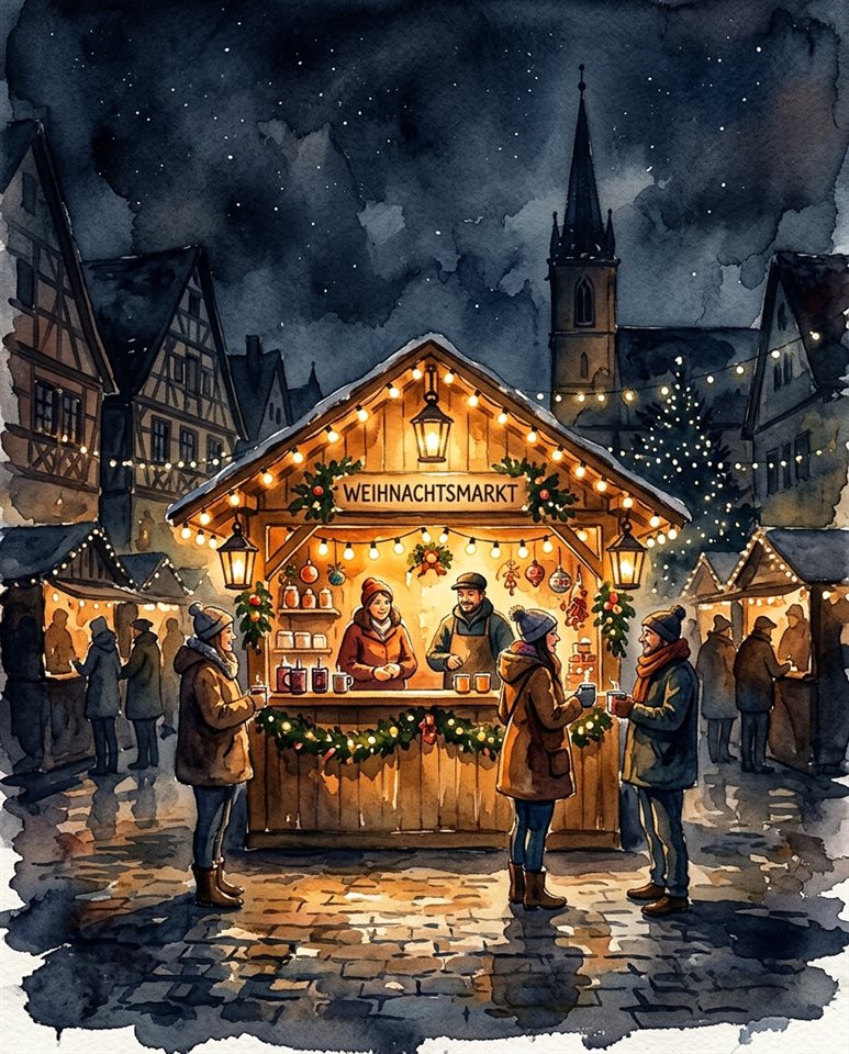 Ilustração em aquarela de mercado de natal com luzes quentes à noite, assunto centralizado com uma composição simples e limpa, tons escuros melancólicos, iluminação dramática, proporção 4:5