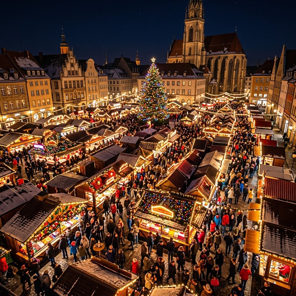 Fotografía fotorrealista de un mercado navideño con luces cálidas por la noche, vista de ángulo picado desde arriba, colores vivos, alto contraste, enérgico, relación de aspecto 1:1