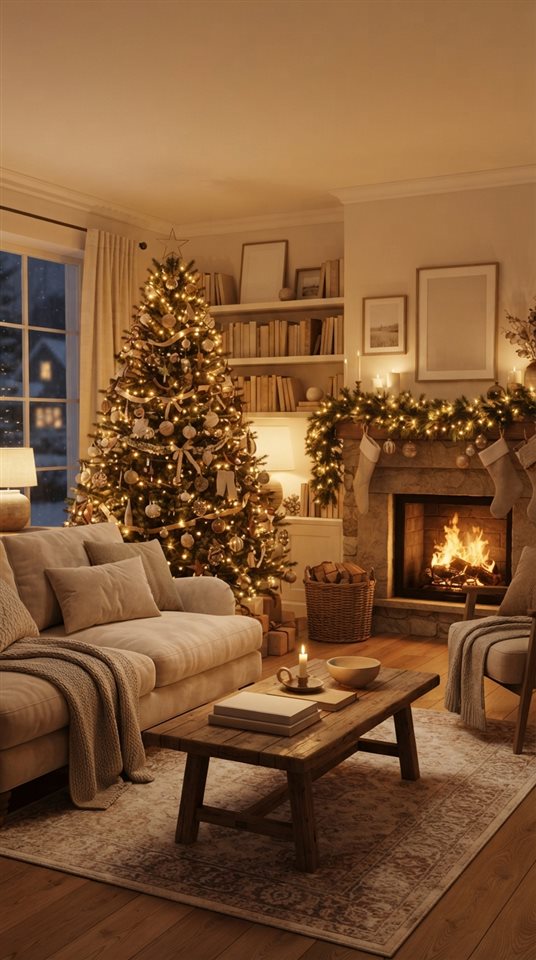 Photorealistic photo of cozy christmas scene with warm lights and a decorated tree, wide shot with open space at the top for text, warm golden light, calm mood, 9:16 aspect ratio