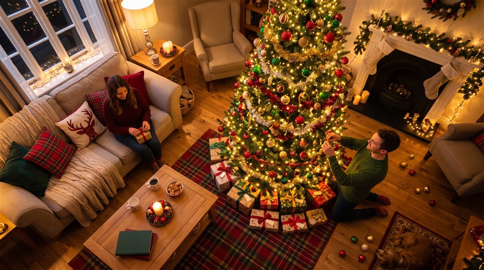 Photorealistic photo of cozy christmas scene with warm lights and a decorated tree, high-angle view from above, vivid colors, high contrast, energetic, 16:9 aspect ratio