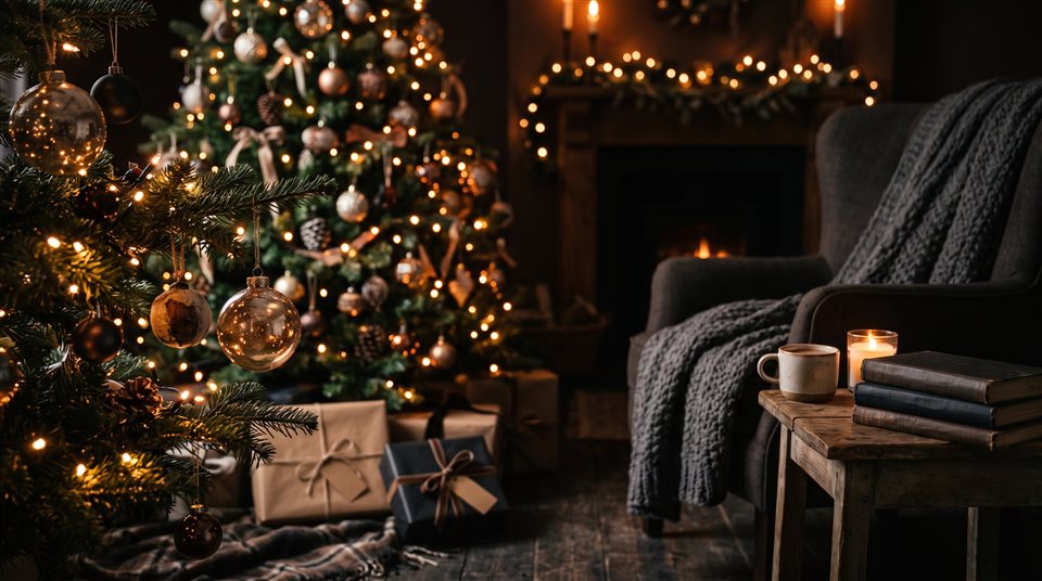 Photorealistic photo of cozy christmas scene with warm lights and a decorated tree, close-up detail with shallow depth of field, moody dark tones, dramatic lighting, 16:9 aspect ratio
