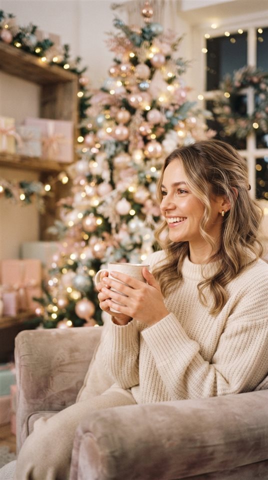 Cinematic film still of cozy christmas scene with warm lights and a decorated tree, close-up detail with shallow depth of field, soft pastel colors, bright and cozy, 9:16 aspect ratio