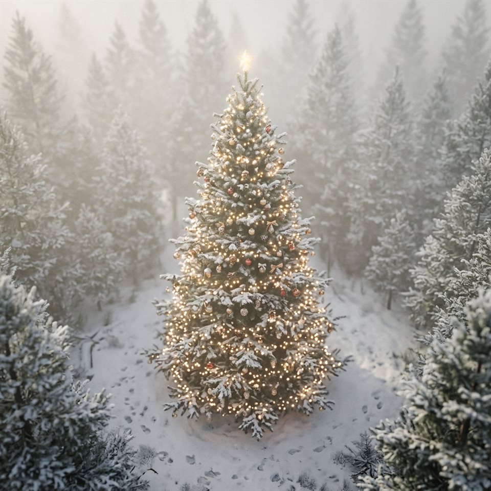Render 3D suave de árbol de navidad con luces cálidas, vista de ángulo picado desde arriba, neblina matutina, de ensueño, 1:1 aspect ratio