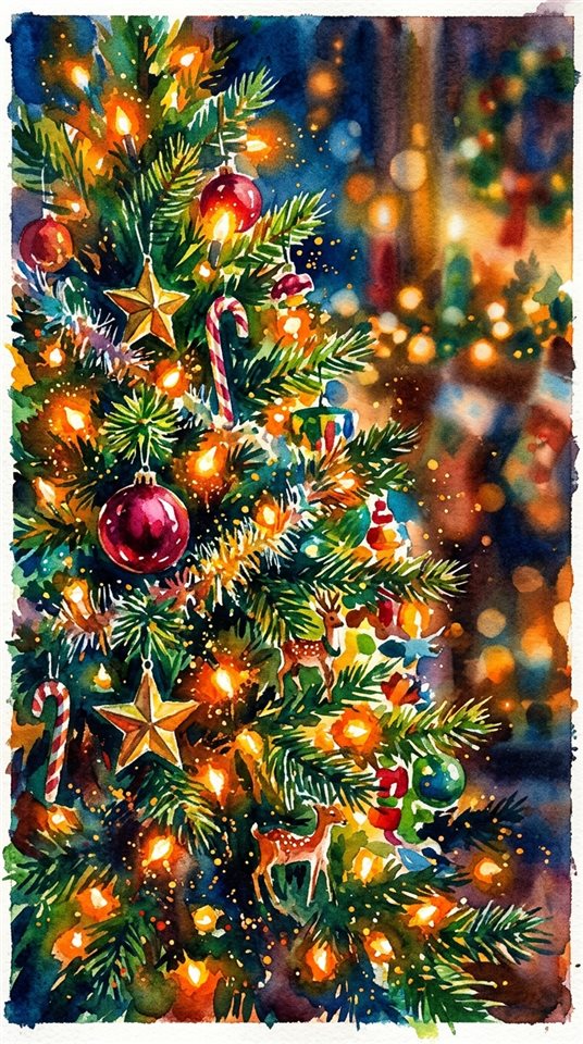 Ilustración en acuarela de un árbol de Navidad con luces cálidas, detalle en primer plano con poca profundidad de campo, colores vivos, alto contraste, enérgico, relación de aspecto 9:16