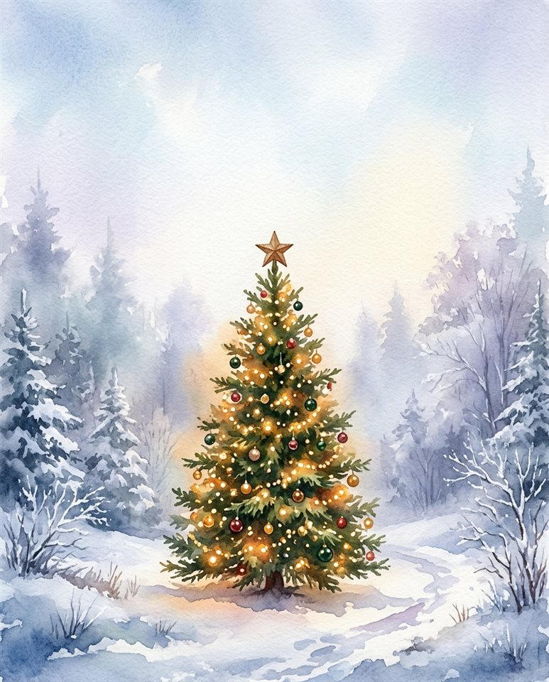 Ilustración en acuarela de un árbol de Navidad con luces cálidas, plano general con espacio abierto en la parte superior para texto, bruma matutina neblinosa, de ensueño, relación de aspecto 4:5