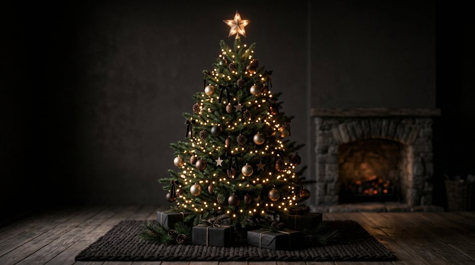 Render 3D suave de árbol de navidad con luces cálidas, sujeto centrado con una composición simple y despejada, tonos oscuros melancólicos, iluminación dramática, 16:9 aspect ratio