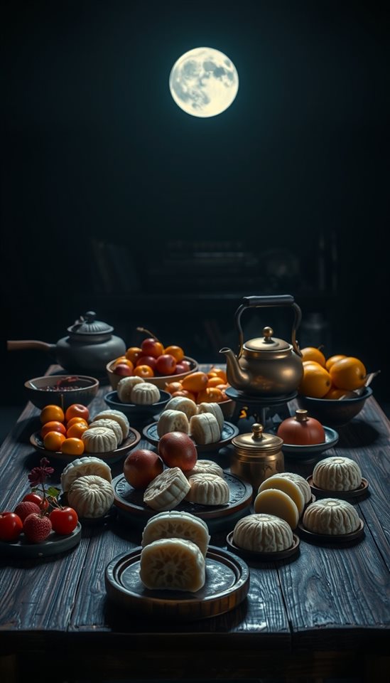 Photorealistic photo of A traditional wooden table laden with various songpyeon rice cakes, ripe fruits, and a brass teapot under soft moonlight., wide shot with open space at the top for text, moody dark tones, dramatic lighting, 9:16 aspect ratio