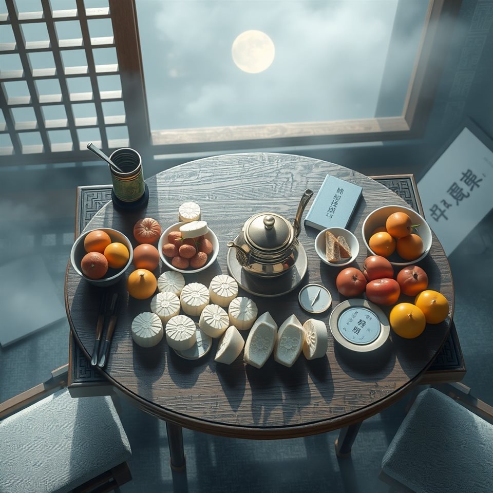 Soft 3D render of A traditional wooden table laden with various songpyeon rice cakes, ripe fruits, and a brass teapot under soft moonlight., high-angle view from above, misty morning haze, dreamy, 1:1 aspect ratio