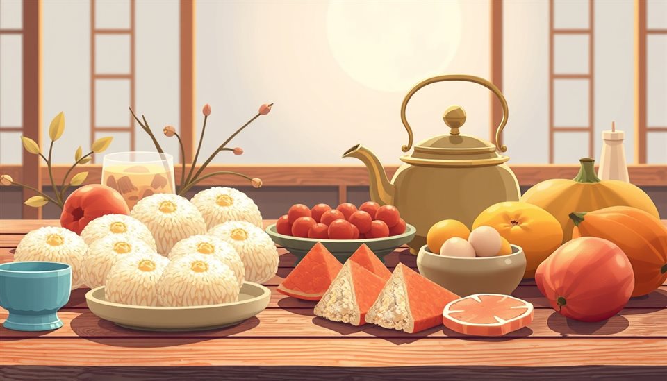 Minimal flat illustration of A traditional wooden table laden with various songpyeon rice cakes, ripe fruits, and a brass teapot under soft moonlight., close-up detail with shallow depth of field, soft pastel colors, bright and cozy, 16:9 aspect ratio