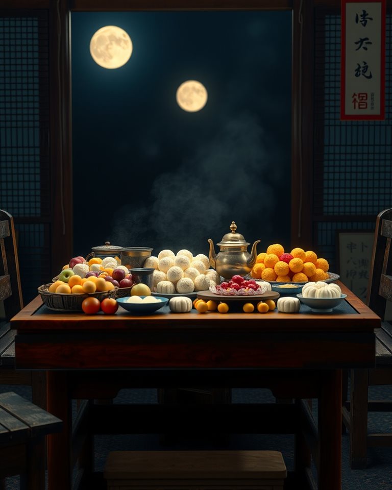 Cinematic film still of A traditional wooden table laden with various songpyeon rice cakes, ripe fruits, and a brass teapot under soft moonlight., centered subject with a simple uncluttered composition, vivid colors, high contrast, energetic, 4:5 aspect ratio