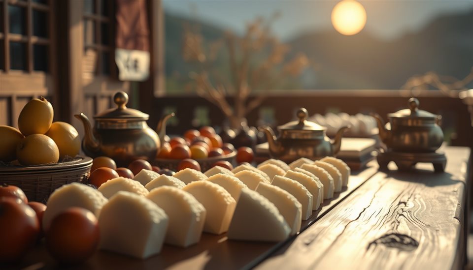 Photorealistic photo of A traditional wooden table laden with various songpyeon rice cakes, ripe fruits, and a brass teapot under soft moonlight., close-up detail with shallow depth of field, warm golden light, calm mood, 16:9 aspect ratio