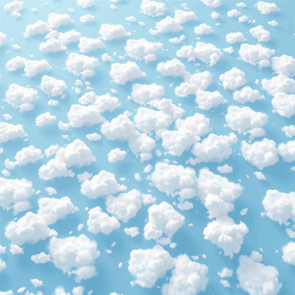 Soft 3D render of Pattern of small, fluffy white clouds scattered across a bright blue sky like flocks of sheep, high-angle view from above, misty morning haze, dreamy, 1:1 aspect ratio