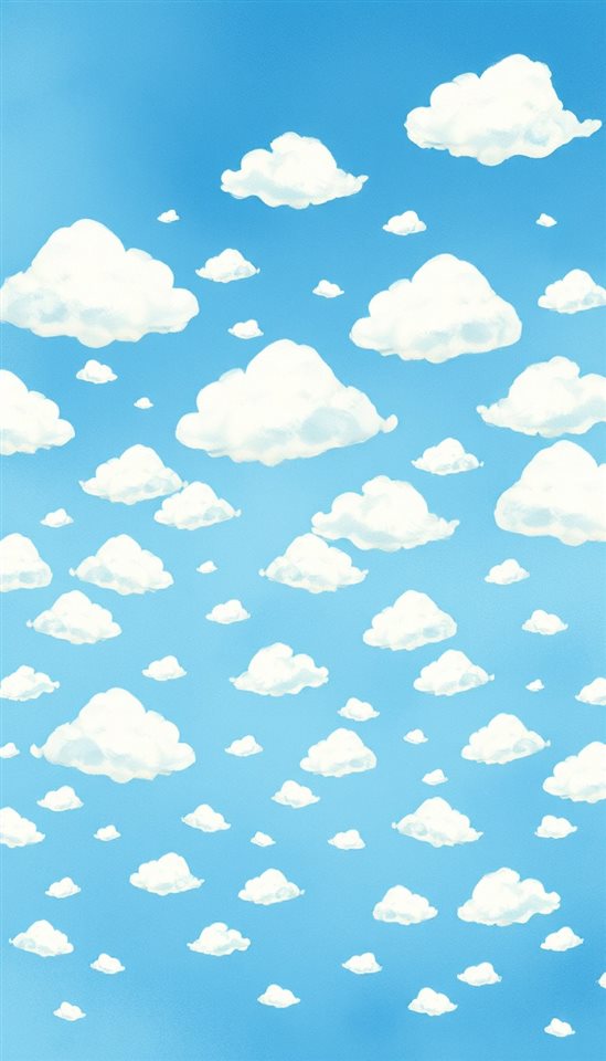 Watercolor illustration of Pattern of small, fluffy white clouds scattered across a bright blue sky like flocks of sheep, wide shot with open space at the top for text, cool blue tones, quiet atmosphere, 9:16 aspect ratio