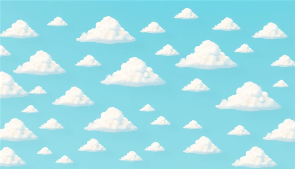 Minimal flat illustration of Pattern of small, fluffy white clouds scattered across a bright blue sky like flocks of sheep, close-up detail with shallow depth of field, soft pastel colors, bright and cozy, 16:9 aspect ratio