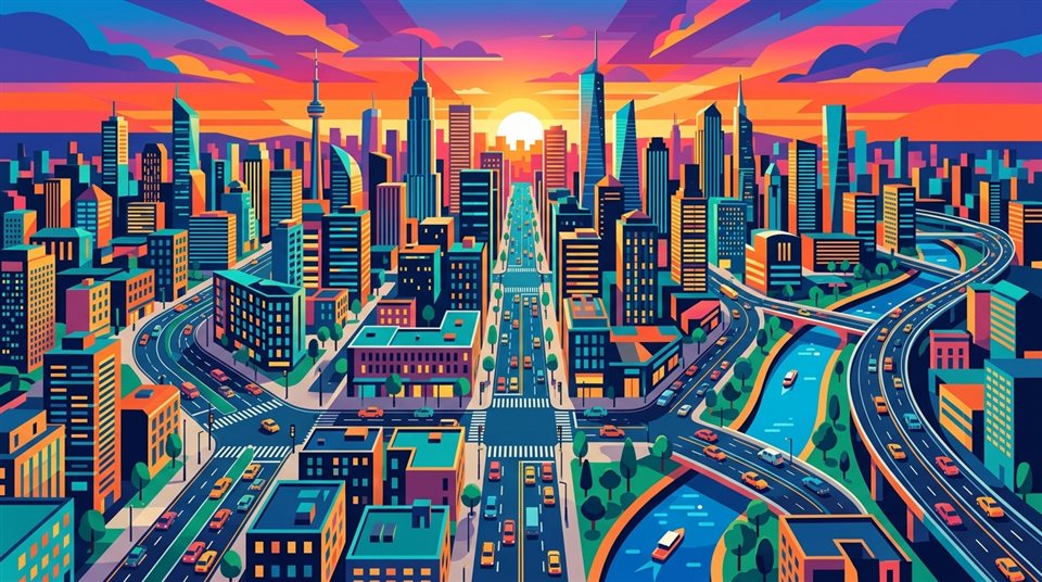 Ilustración plana minimalista del horizonte de una ciudad moderna, vista en picado desde arriba, colores vivos, alto contraste, enérgico, 16:9 aspect ratio
