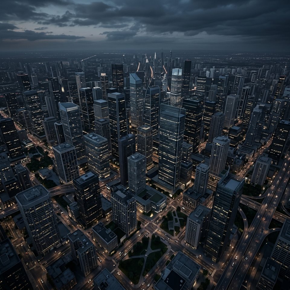 Renderizado 3D suave del horizonte de una ciudad moderna, vista en picado desde arriba, tonos oscuros melancólicos, iluminación dramática, 1:1 aspect ratio
