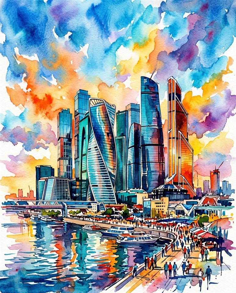 現代城市天際線水彩插畫，構圖簡單乾淨且主體置中，生動色彩，高對比度，充滿活力，4:5 比例