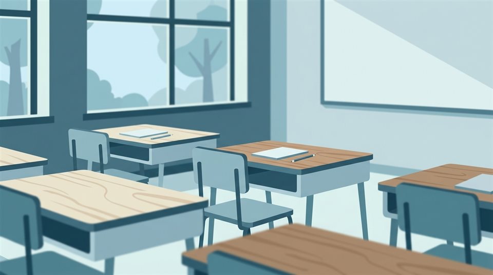 Ilustración plana minimalista de un aula vacía y luminosa con pupitres de madera, detalle en primer plano con poca profundidad de campo, tonos azules fríos, atmósfera tranquila, 16:9 aspect ratio