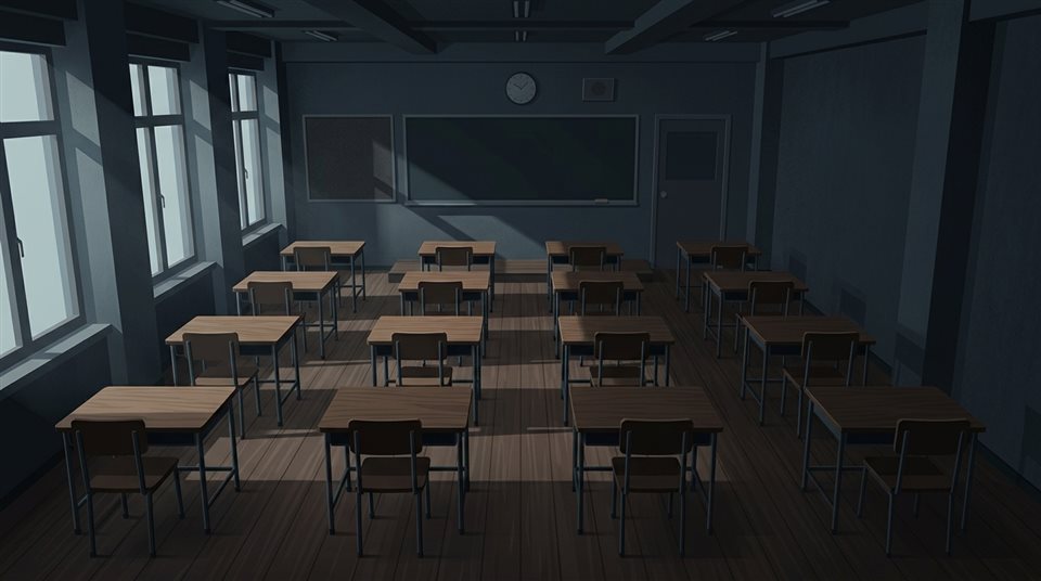 Ilustración plana minimalista de un aula vacía y luminosa con pupitres de madera, vista de gran angular desde arriba, tonos oscuros y melancólicos, iluminación dramática, 16:9 aspect ratio