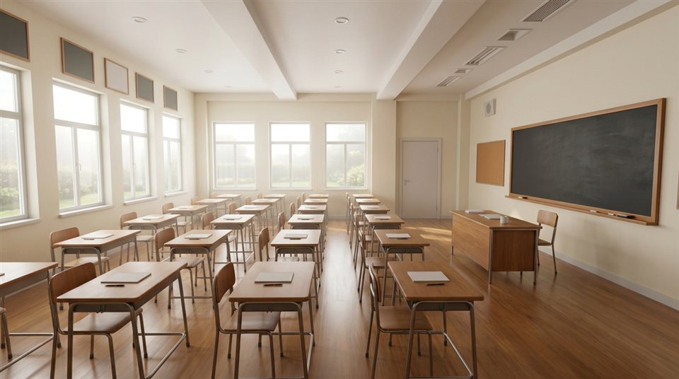 Renderização 3D suave de uma sala de aula vazia e iluminada com mesas de madeira, tomada ampla com espaço aberto na parte superior para texto, névoa matinal nebulosa, sonhador, proporção 16:9