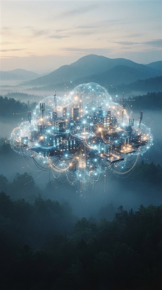 Cinematic film still of an abstract cloud computing network, centered subject with a simple uncluttered composition, misty morning haze, dreamy, 9:16 aspect ratio