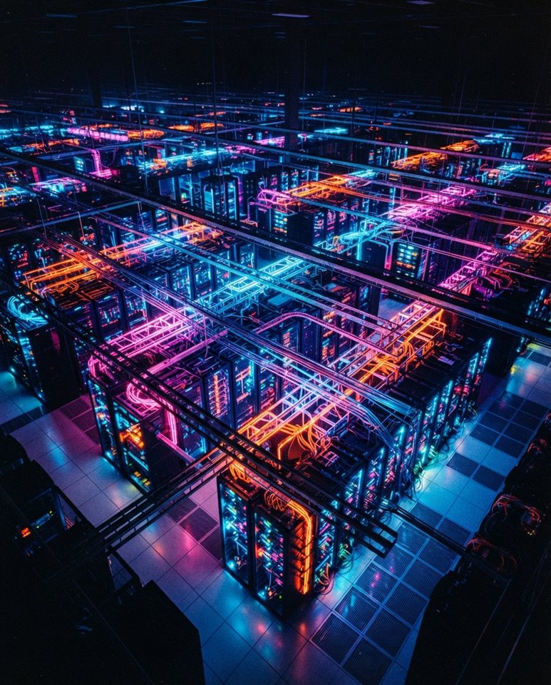 Cinematic film still of an abstract cloud computing network, high-angle view from above, vivid colors, high contrast, energetic, 4:5 aspect ratio