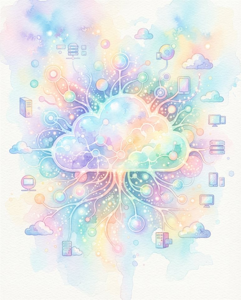 Watercolor illustration of an abstract cloud computing network, centered subject with a simple uncluttered composition, soft pastel colors, bright and cozy, 4:5 aspect ratio