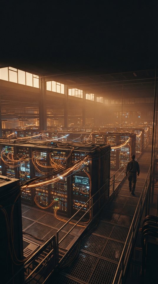 Cinematic film still of an abstract cloud computing network, wide shot with open space at the top for text, warm golden light, calm mood, 9:16 aspect ratio