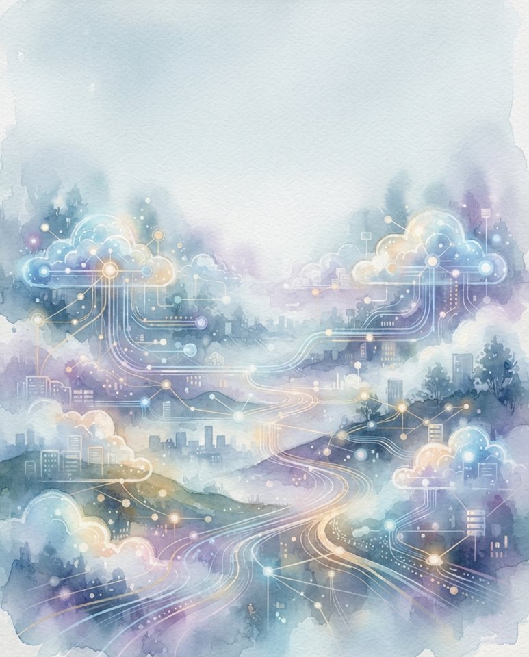 Watercolor illustration of an abstract cloud computing network, wide shot with open space at the top for text, misty morning haze, dreamy, 4:5 aspect ratio