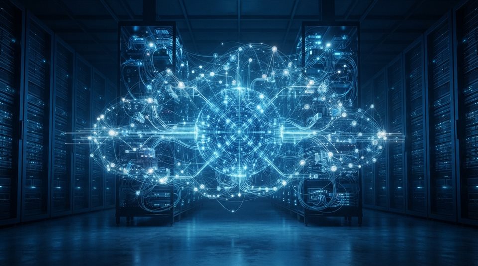 Photorealistic photo of an abstract cloud computing network, centered subject with a simple uncluttered composition, cool blue tones, quiet atmosphere, 16:9 aspect ratio