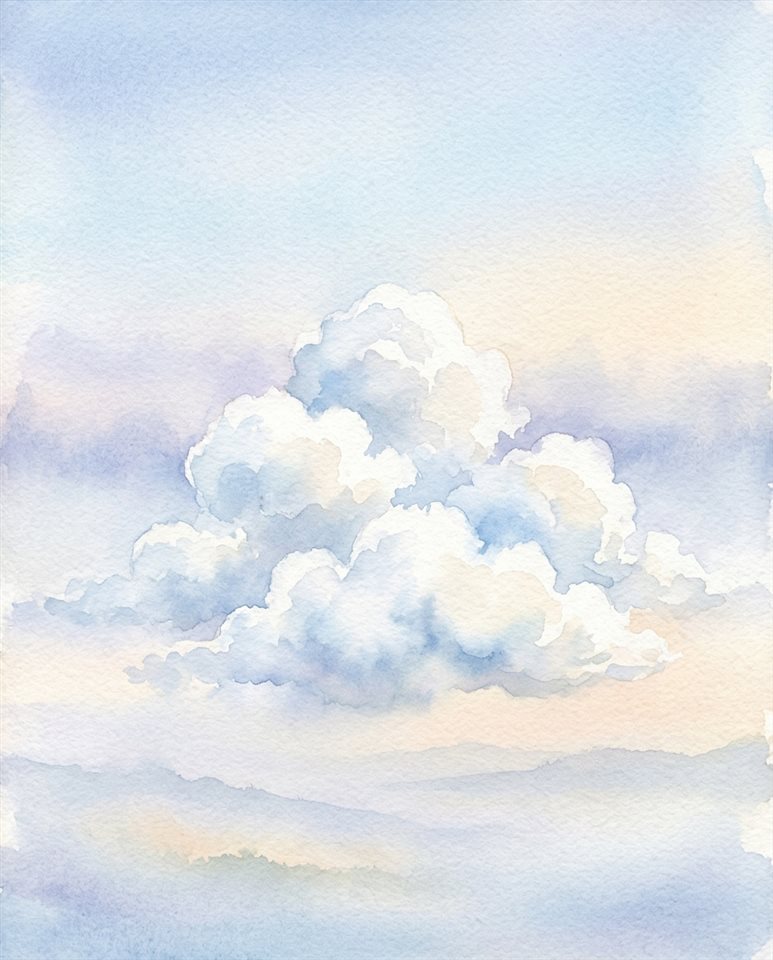 蓬鬆白雲的水彩插畫，置中主體搭配簡單俐落的構圖，晨霧迷離，夢幻氛圍，4:5 比例