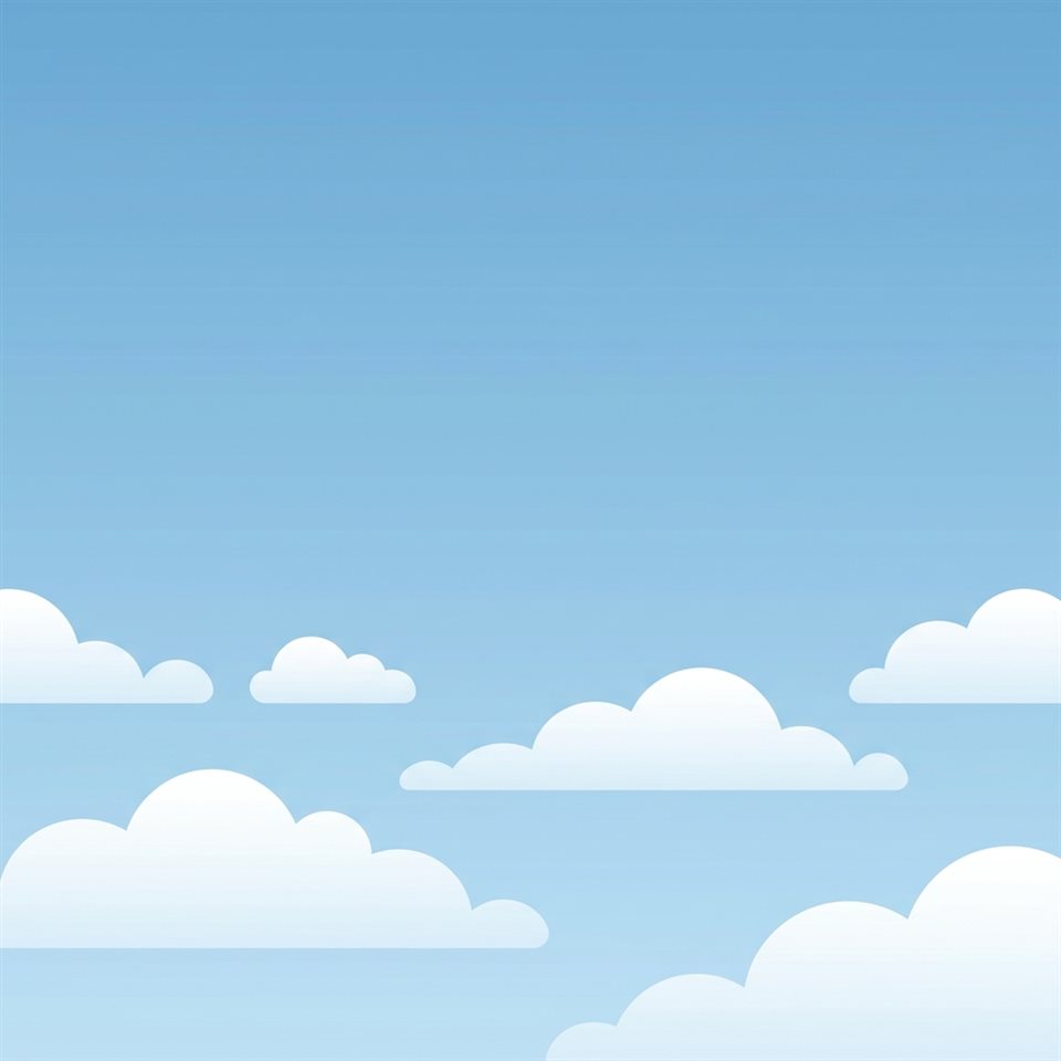 Ilustração plana minimalista de nuvens fofas e brancas, plano aberto com espaço livre na parte superior para texto, tons de azul frio, atmosfera tranquila, proporção 1:1