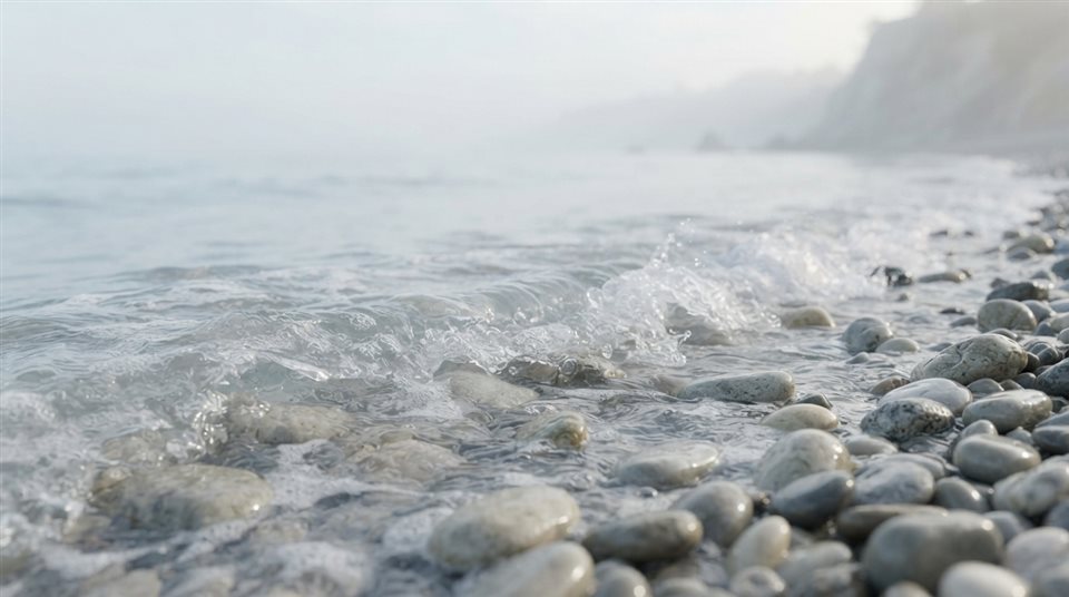 Soft 3D render of a calm wave touching a quiet pebble shore, close-up detail with shallow depth of field, misty morning haze, dreamy, 16:9 aspect ratio