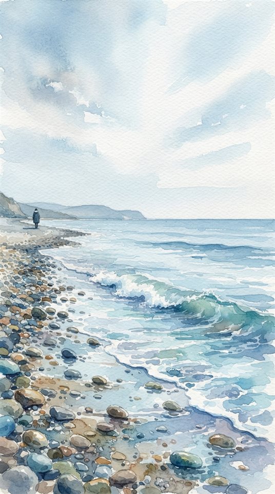Watercolor illustration of a calm wave touching a quiet pebble shore, wide shot with open space at the top for text, cool blue tones, quiet atmosphere, 9:16 aspect ratio