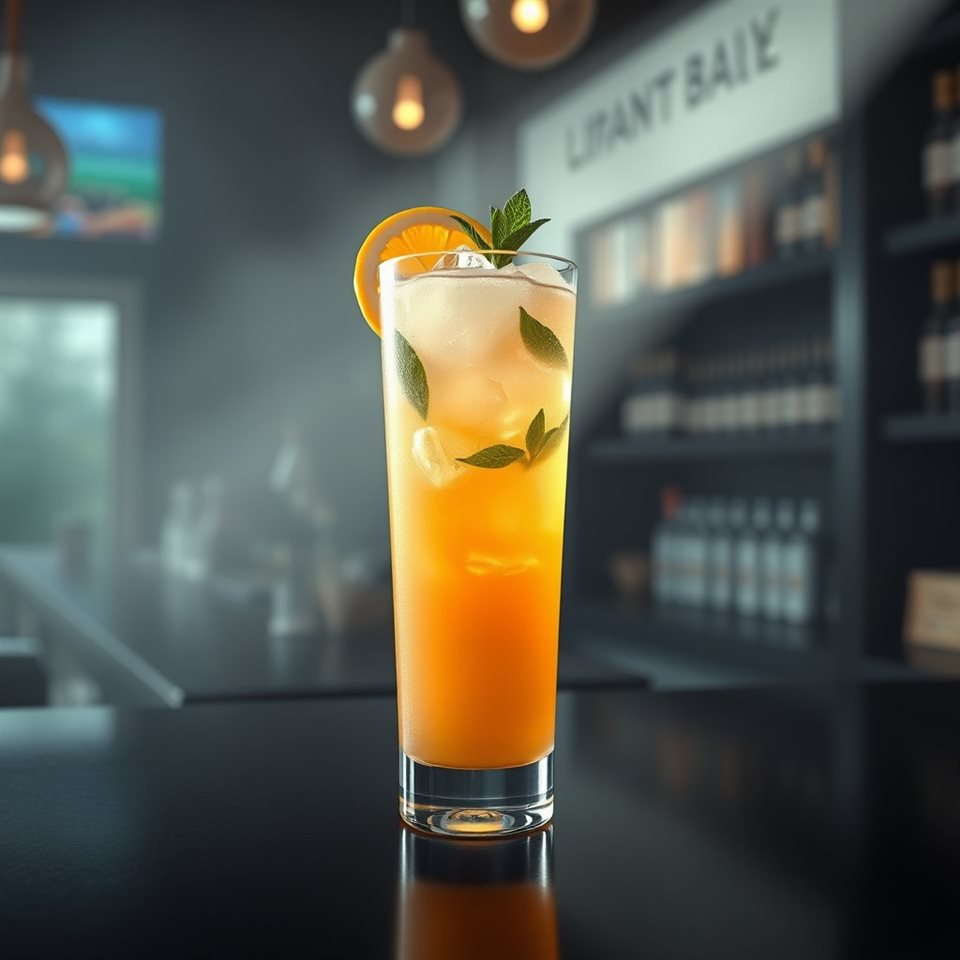 Soft 3D render of A refreshing iced cocktail in a tall glass garnished with mint leaves and a citrus slice, set on a moody dark bar., centered subject with a simple uncluttered composition, misty morning haze, dreamy, 1:1 aspect ratio