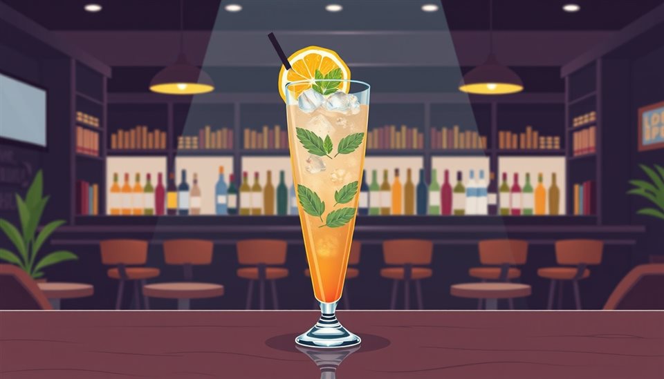 Minimal flat illustration of A refreshing iced cocktail in a tall glass garnished with mint leaves and a citrus slice, set on a moody dark bar., wide shot with open space at the top for text, soft pastel colors, bright and cozy, 16:9 aspect ratio