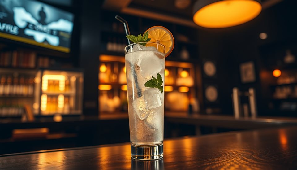 Photorealistic photo of A refreshing iced cocktail in a tall glass garnished with mint leaves and a citrus slice, set on a moody dark bar., wide shot with open space at the top for text, warm golden light, calm mood, 16:9 aspect ratio