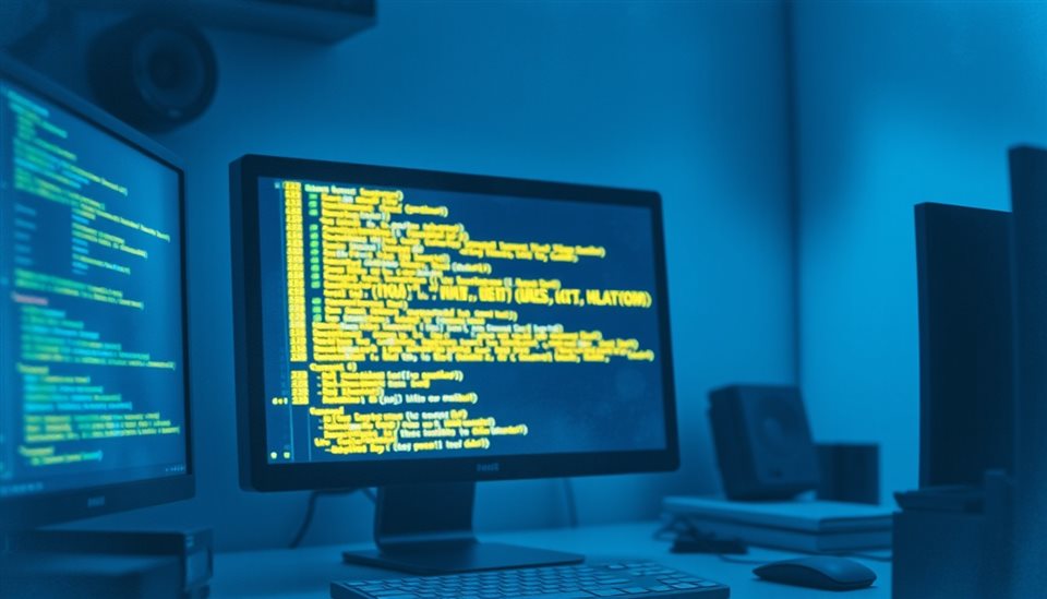 Watercolor illustration of Glowing lines of computer programming code on a dark monitor screen in a dimly lit room, close-up detail with shallow depth of field, cool blue tones, quiet atmosphere, 16:9 aspect ratio