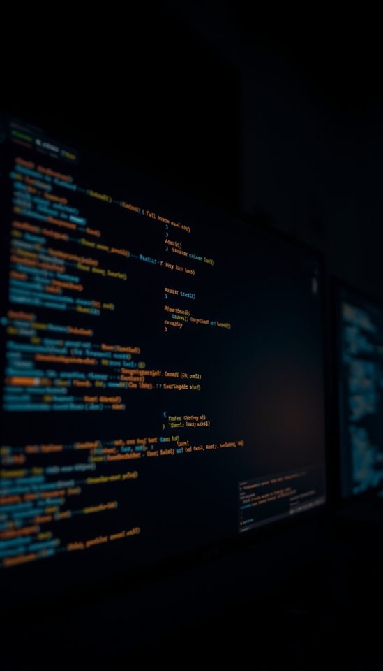 Photorealistic photo of Glowing lines of computer programming code on a dark monitor screen in a dimly lit room, close-up detail with shallow depth of field, moody dark tones, dramatic lighting, 9:16 aspect ratio
