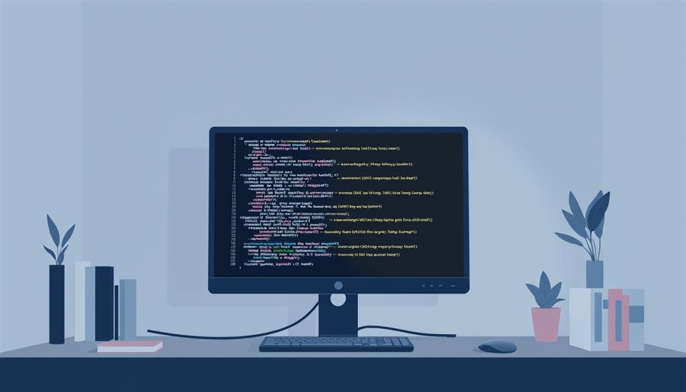 Minimal flat illustration of Glowing lines of computer programming code on a dark monitor screen in a dimly lit room, centered subject with a simple uncluttered composition, soft pastel colors, bright and cozy, 16:9 aspect ratio