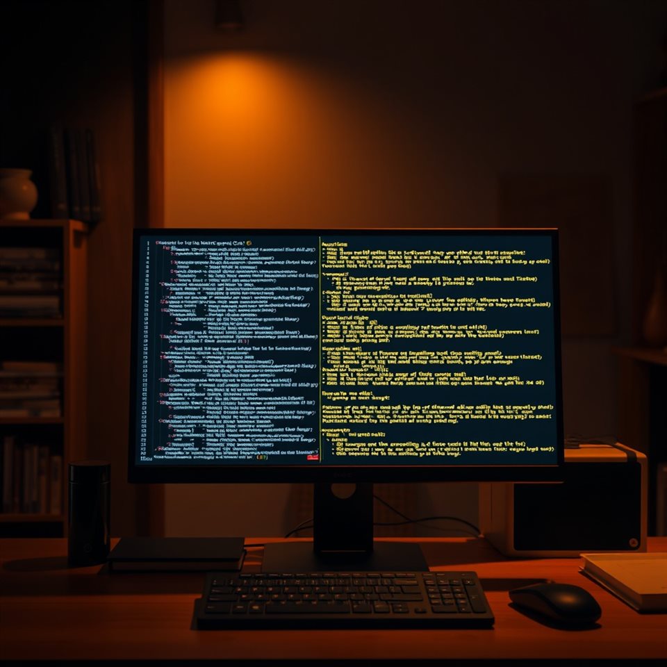 Photorealistic photo of Glowing lines of computer programming code on a dark monitor screen in a dimly lit room, wide shot with open space at the top for text, warm golden light, calm mood, 1:1 aspect ratio