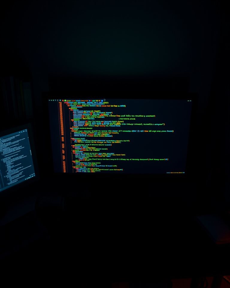Cinematic film still of Glowing lines of computer programming code on a dark monitor screen in a dimly lit room, high-angle view from above, vivid colors, high contrast, energetic, 4:5 aspect ratio