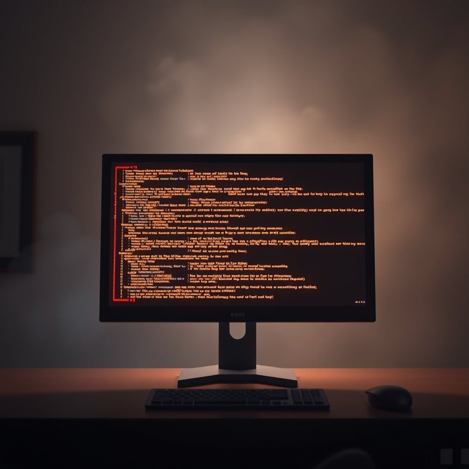 Soft 3D render of Glowing lines of computer programming code on a dark monitor screen in a dimly lit room, wide shot with open space at the top for text, misty morning haze, dreamy, 1:1 aspect ratio