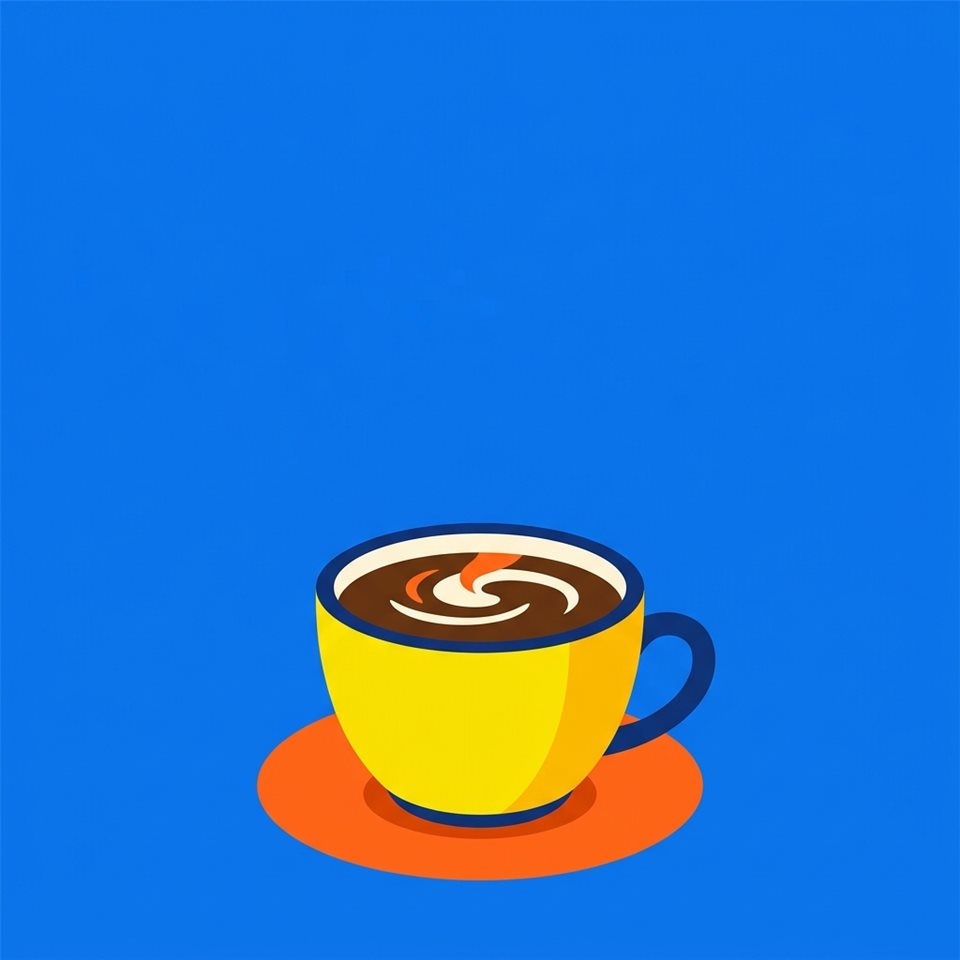 コーヒーカップのミニマルなフラットイラスト、上部に文字を入れる余白があるワイドショット、鮮やかな色彩、高いコントラスト、エネルギッシュな雰囲気、アスペクト比 1:1